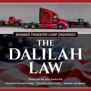 Red trucks lined up, featuring a banner endorsing the Dalilah Law, thanking President Trump, Secretary Duffy, and Senator Banks.