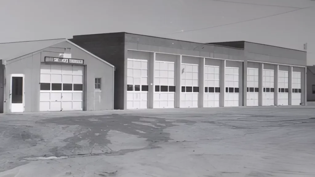 Modern industrial building with multiple large garage doors, featuring a smaller adjoining structure. The image highlights architectural design and space for vehicle entry.