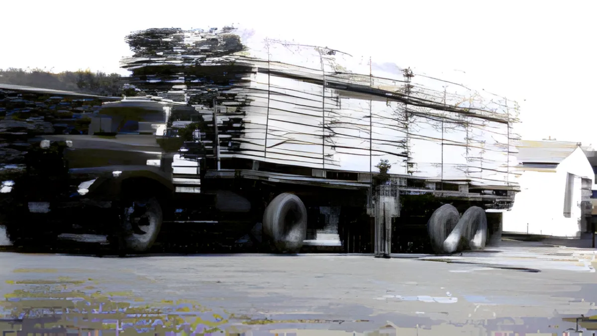 A distorted truck loaded with stacked crates is parked on a street, highlighting issues of visual clarity and motion in transport logistics.